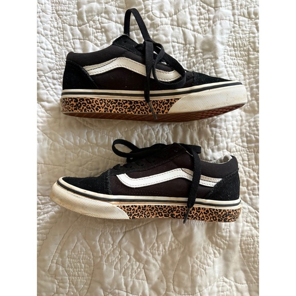 Vans Old Skool Kids Black Suede Canvas Leopard Sneakers Shoes Size 1 Lace Up - Picture 1 of 8